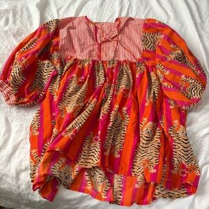 Pink Orange Striped Tiger Blouse Tunic Dress Cotton Size 3XL pockets